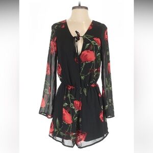 Charlotte Russe medium Red rose Black romper v-neck long sleeve floral 2000s